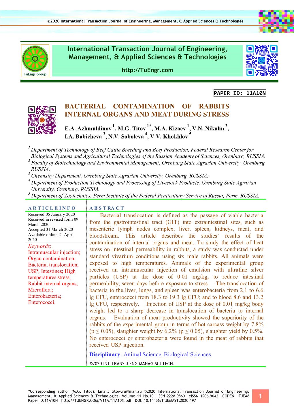 Bacterial Contamination of Rabbits Internal Organs and Meat During Stress