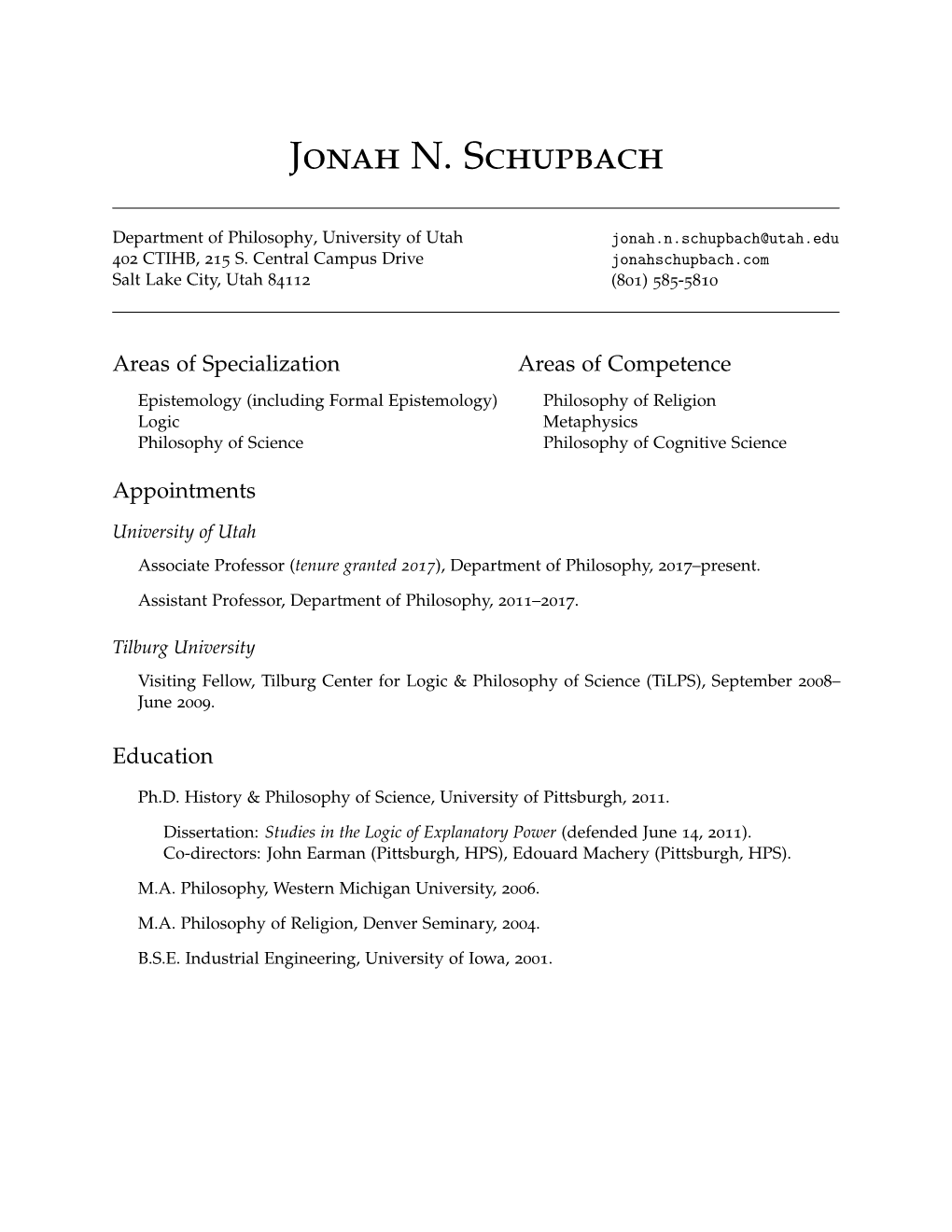 Jonah N. Schupbach: Curriculum Vitae