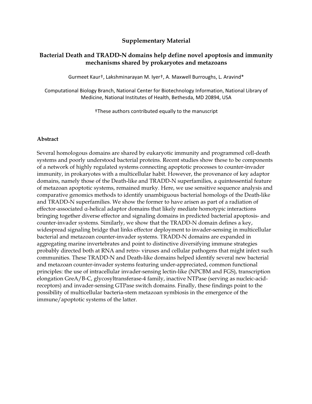 Supplementary Material Bacterial Death and TRADD-N Domains Help Define Novel Apoptosis and Immunity Mechanisms Shared by Prokary