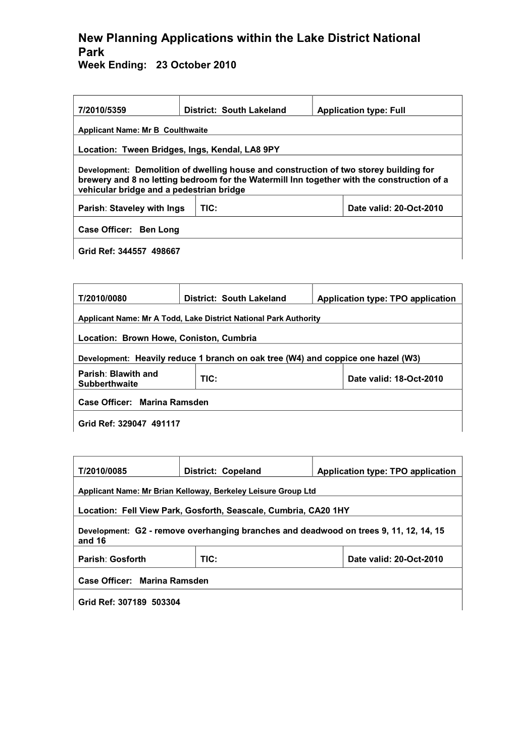 New Planning Applications Within the Lake District National Park Week Ending: 23 October 2010