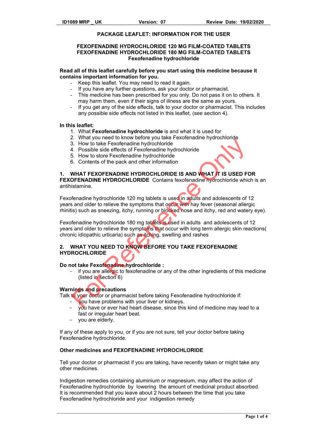 FEXOFENADINE HYDROCHLORIDE 180 MG FILM-COATED TABLETS Fexofenadine Hydrochloride