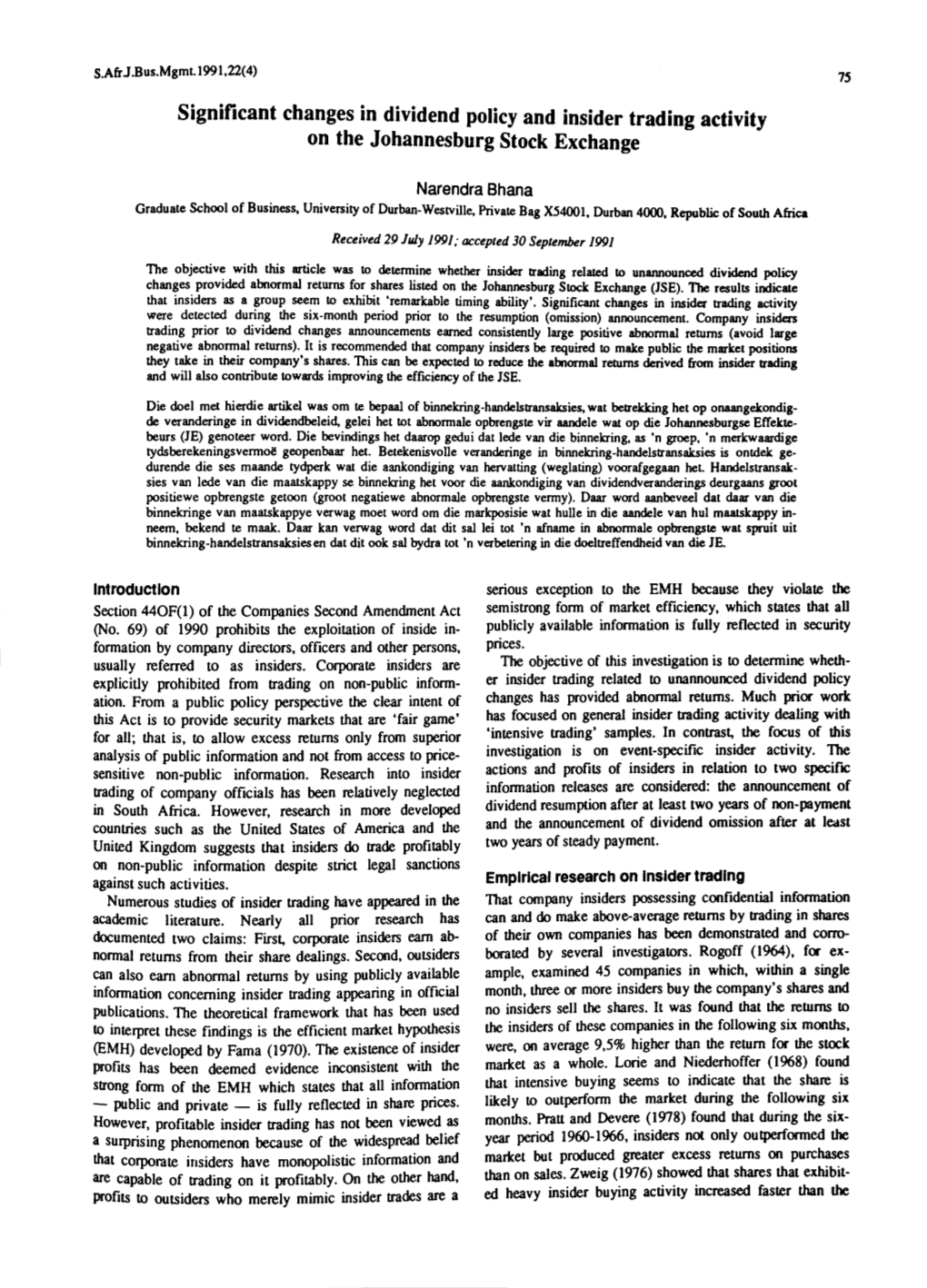 Significant Changes in Dividend Policy and Insider Trading Activity on the Johannesburg Stock Exchange