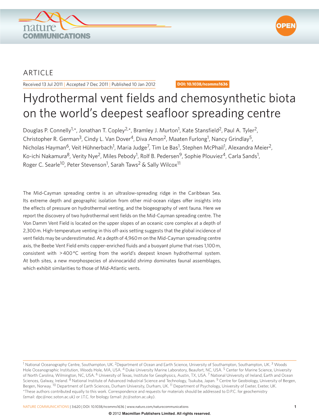 Hydrothermal Vent Fields and Chemosynthetic Biota on the World's