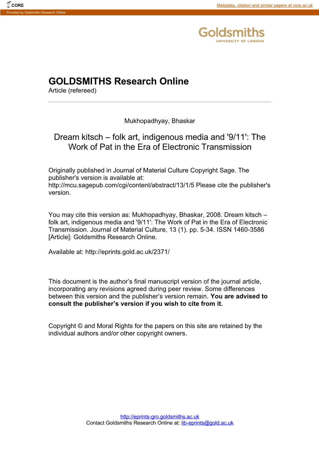 Goldsmiths Research Online