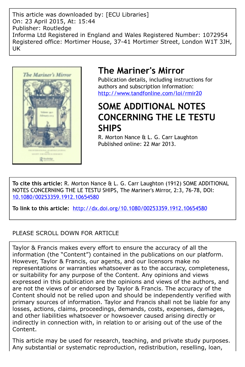 The Mariner's Mirror SOME ADDITIONAL NOTES CONCERNING the LE TESTU SHIPS
