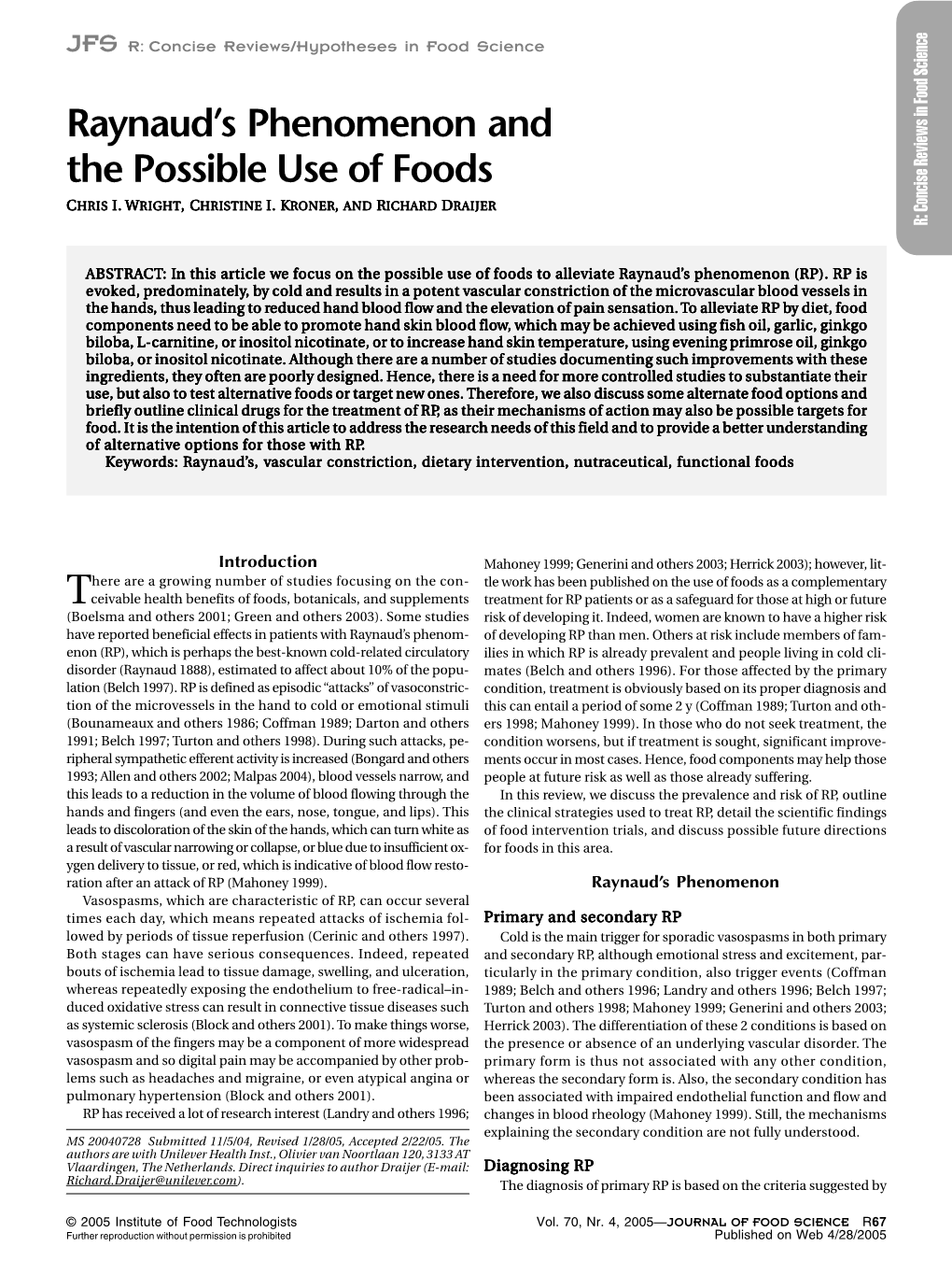 Raynaud's Phenomenon and the Possible Use of Foods