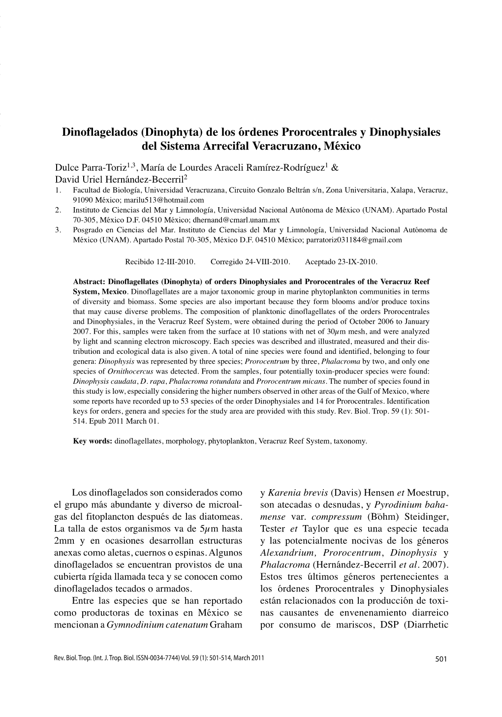 Dinoflagelados (Dinophyta) De Los Órdenes Prorocentrales Y Dinophysiales Del Sistema Arrecifal Veracruzano, México