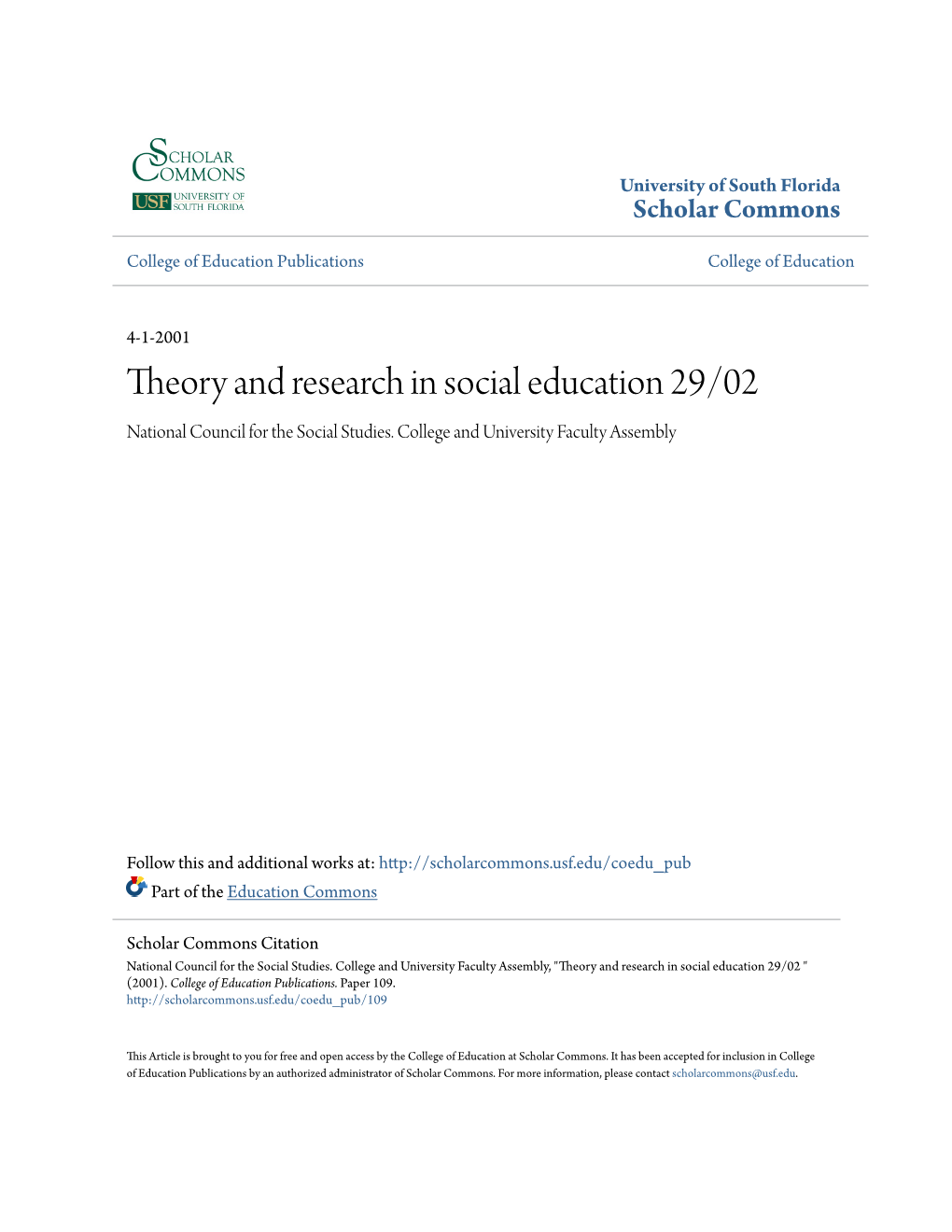 Theory and Research in Social Education 29/02 National Council for the Social Studies