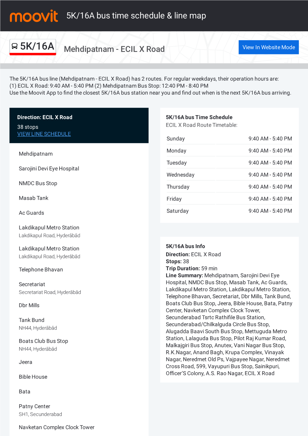 5K/16A Bus Time Schedule & Line Route