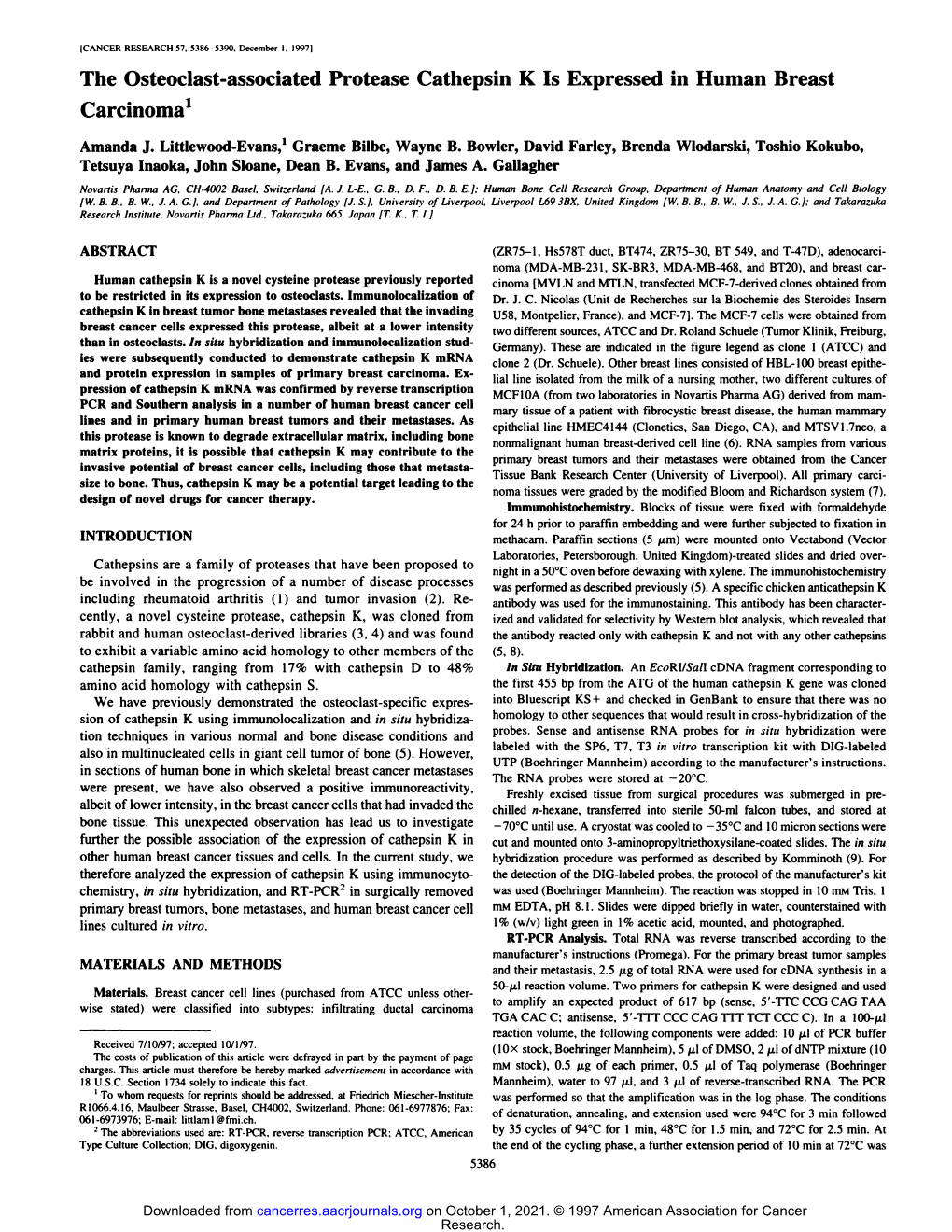 The Osteoclast-Associated Protease Cathepsin K Is Expressed in Human Breast Carcinoma1