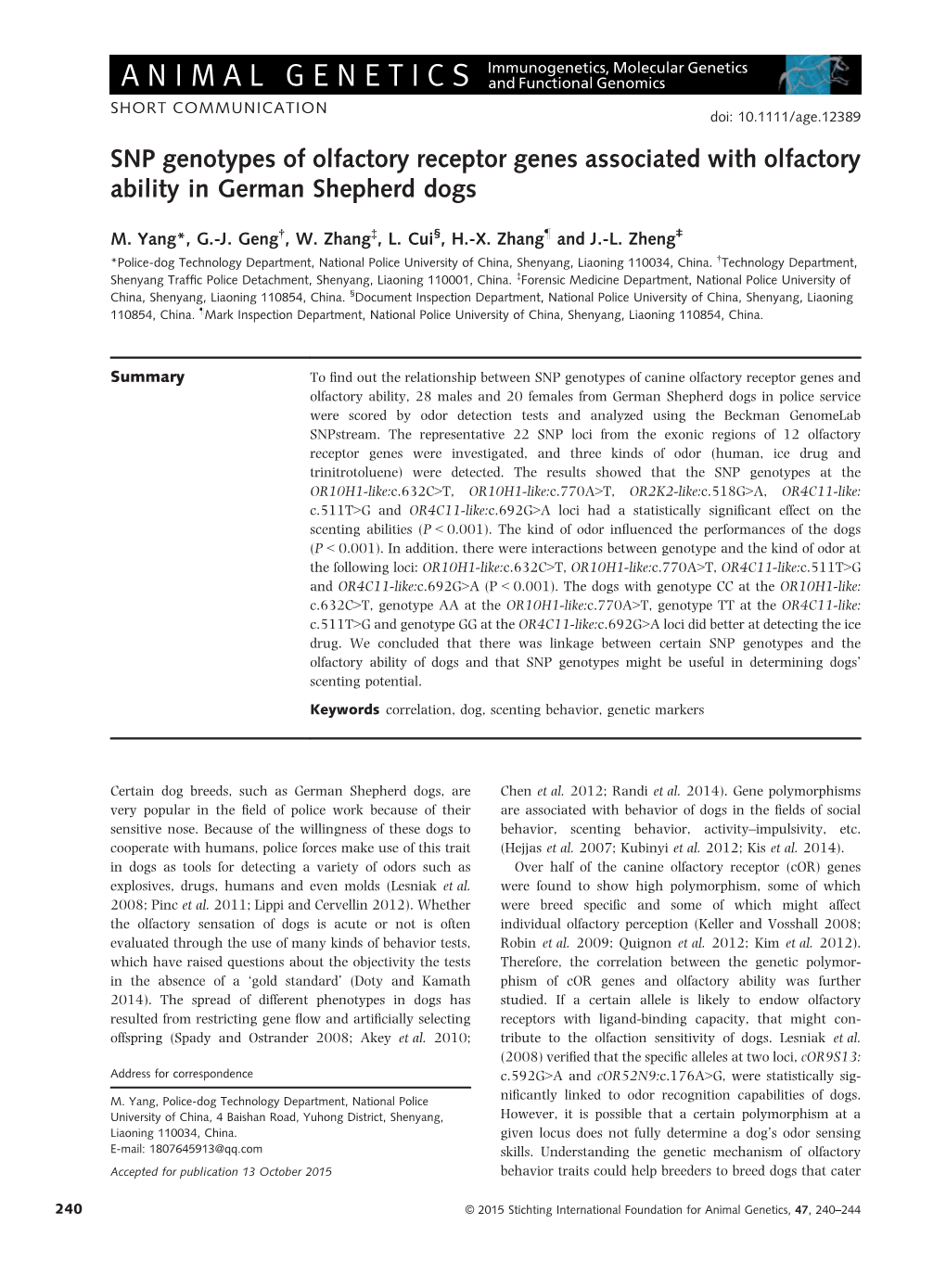 SNP Genotypes of Olfactory Receptor Genes Associated with Olfactory Ability in German Shepherd Dogs