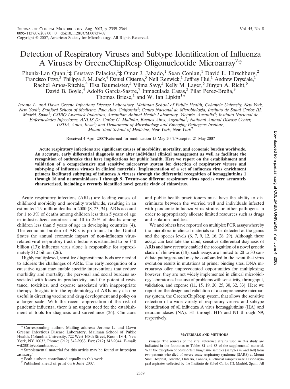 Detection of Respiratory Viruses and Subtype Identification of Inffuenza a Viruses by Greenechipresp Oligonucleotide Microarray