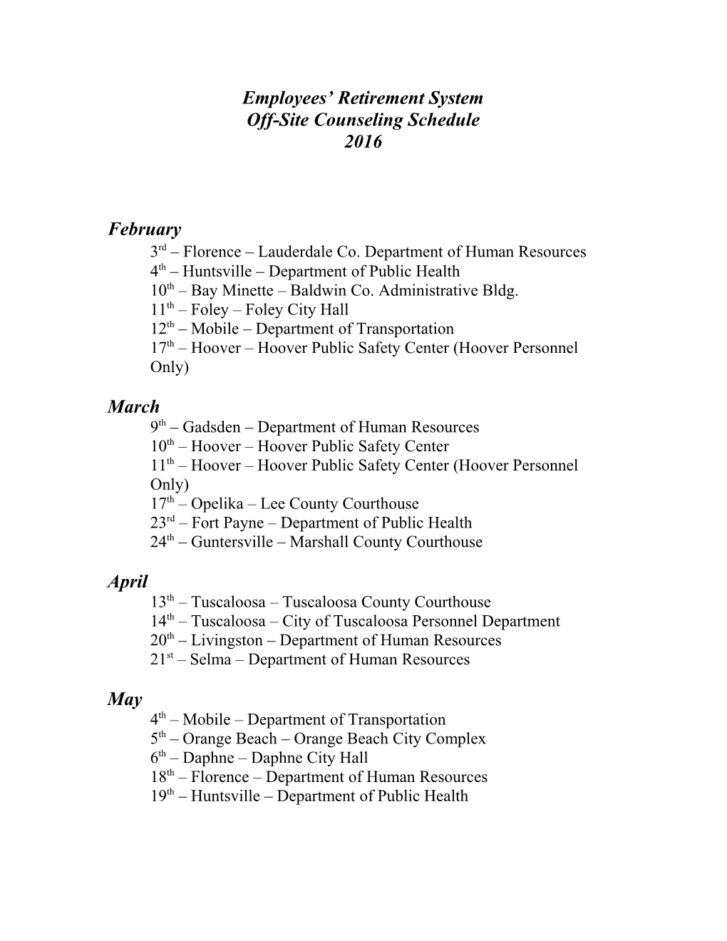 Off-Site Counseling Schedule