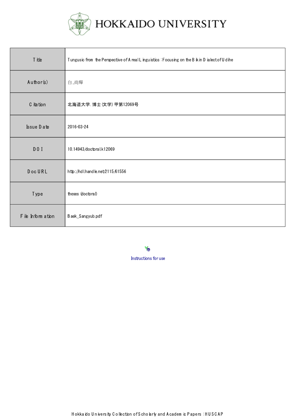 Tungusic from the Perspective of Areal Linguistics : Focusing on the Bikin Dialect of Udihe