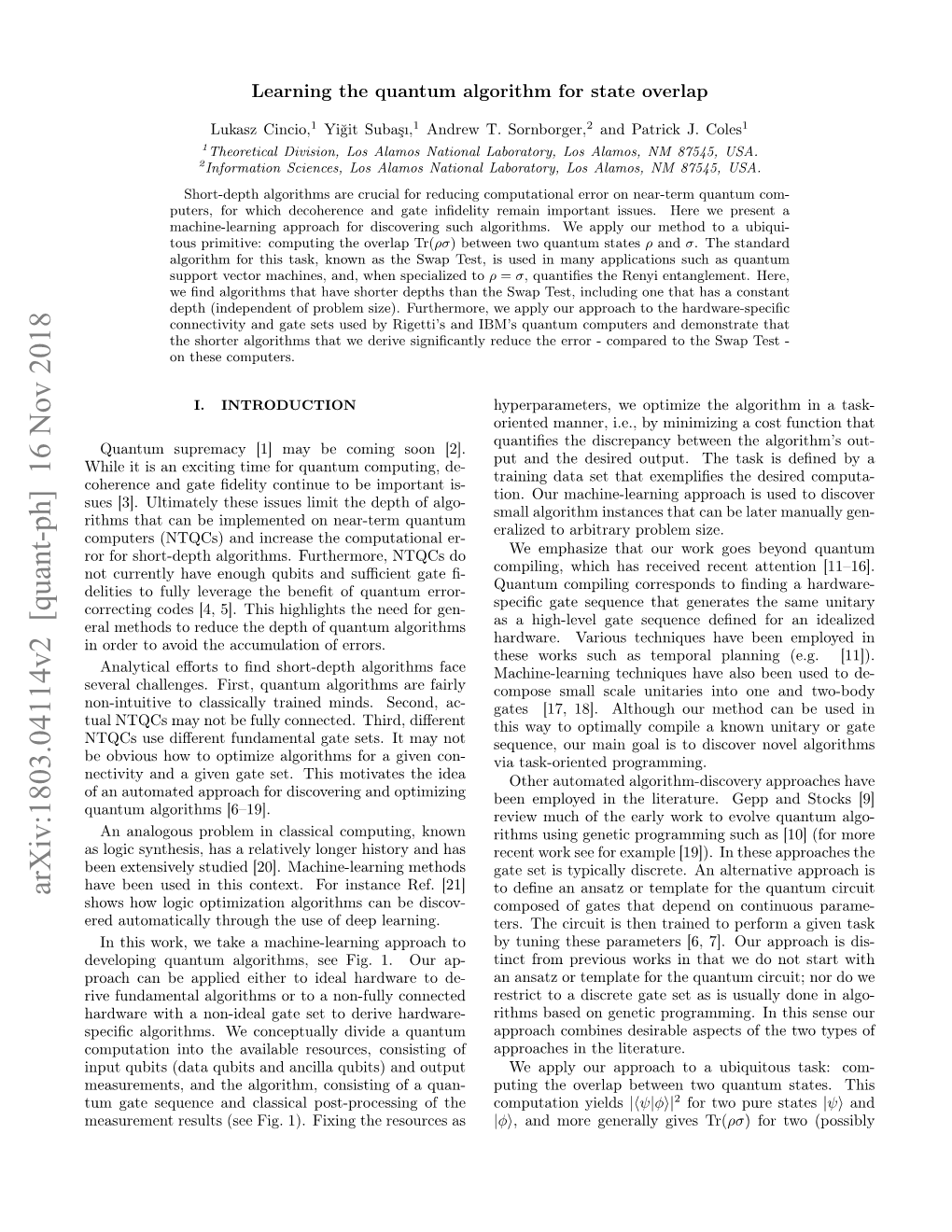 Arxiv:1803.04114V2 [Quant-Ph] 16 Nov 2018