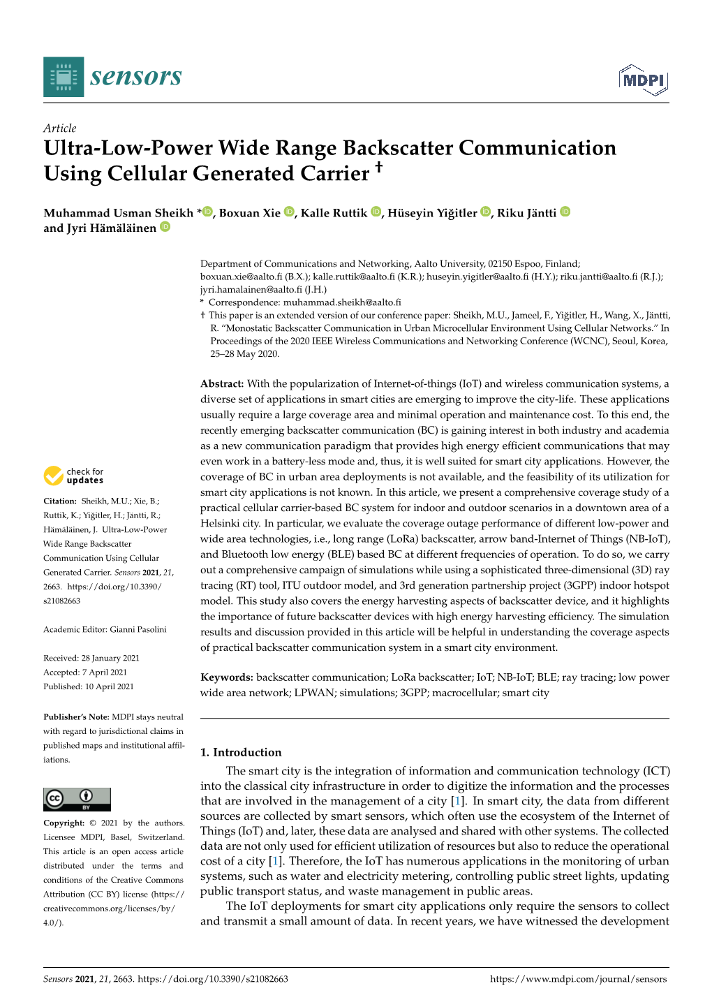 Ultra-Low-Power Wide Range Backscatter Communication Using Cellular Generated Carrier †