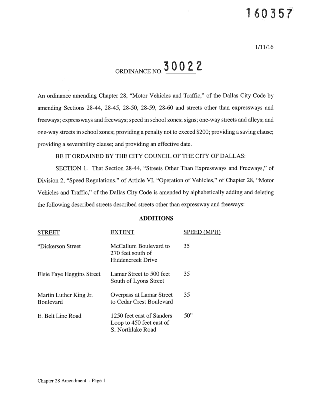 “Motor Vehicles and Traffic,” of the Dallas City Code by Amending Se