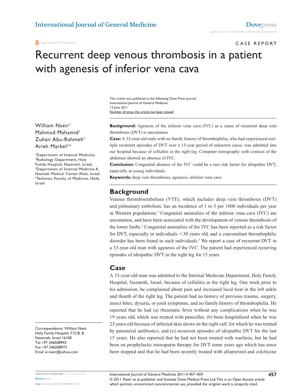 Recurrent Deep Venous Thrombosis in a Patient with Agenesis of Inferior Vena Cava