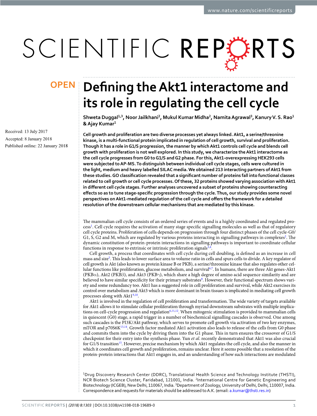 Defining the Akt1 Interactome and Its Role in Regulating the Cell Cycle