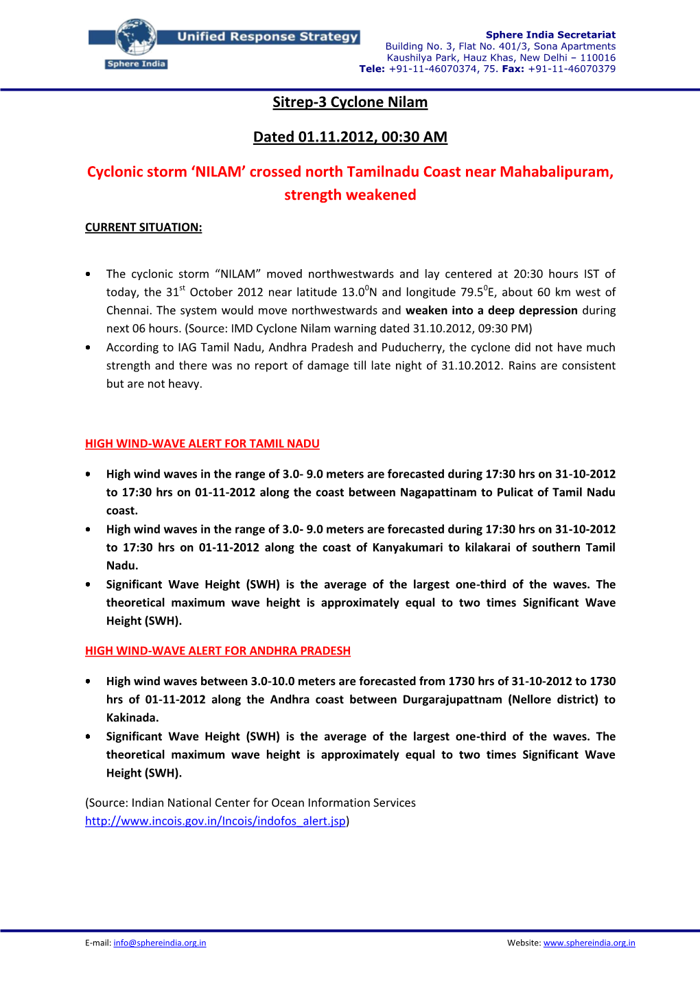 Sitrep-3 Cyclone Nilam Dated 01.11.2012, 00:30 AM Cyclonic Storm