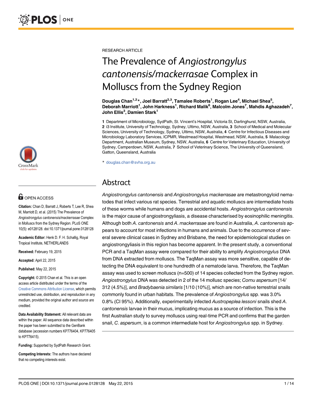 The Prevalence of Angiostrongylus Cantonensis/Mackerrasae Complex in Molluscs from the Sydney Region