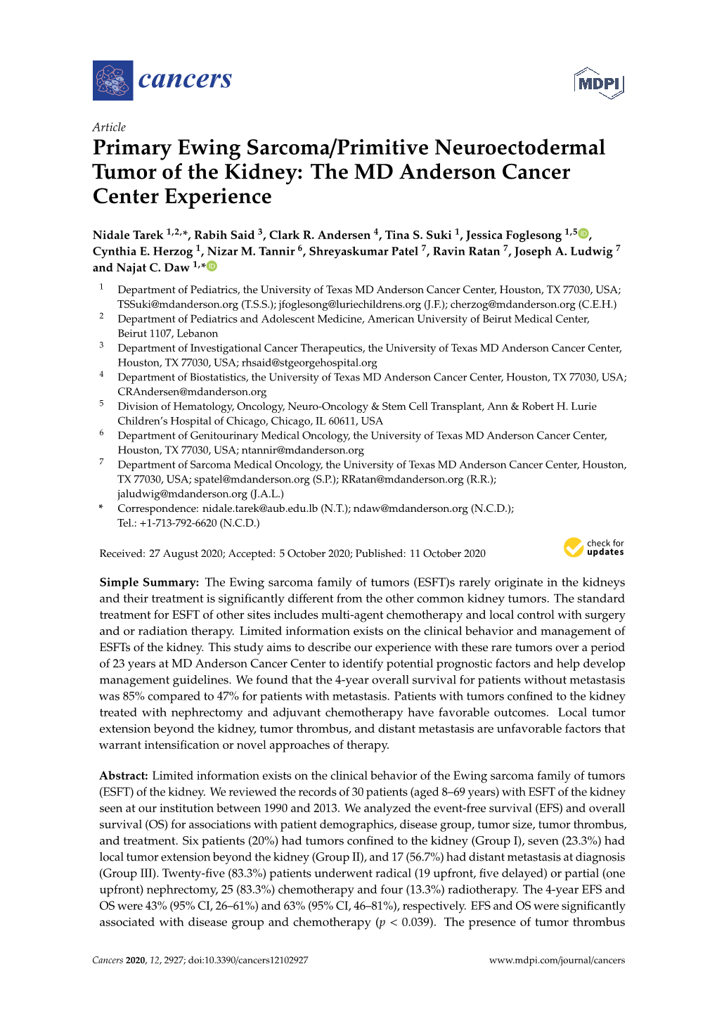 Primary Ewing Sarcoma/Primitive Neuroectodermal Tumor of the Kidney: the MD Anderson Cancer Center Experience