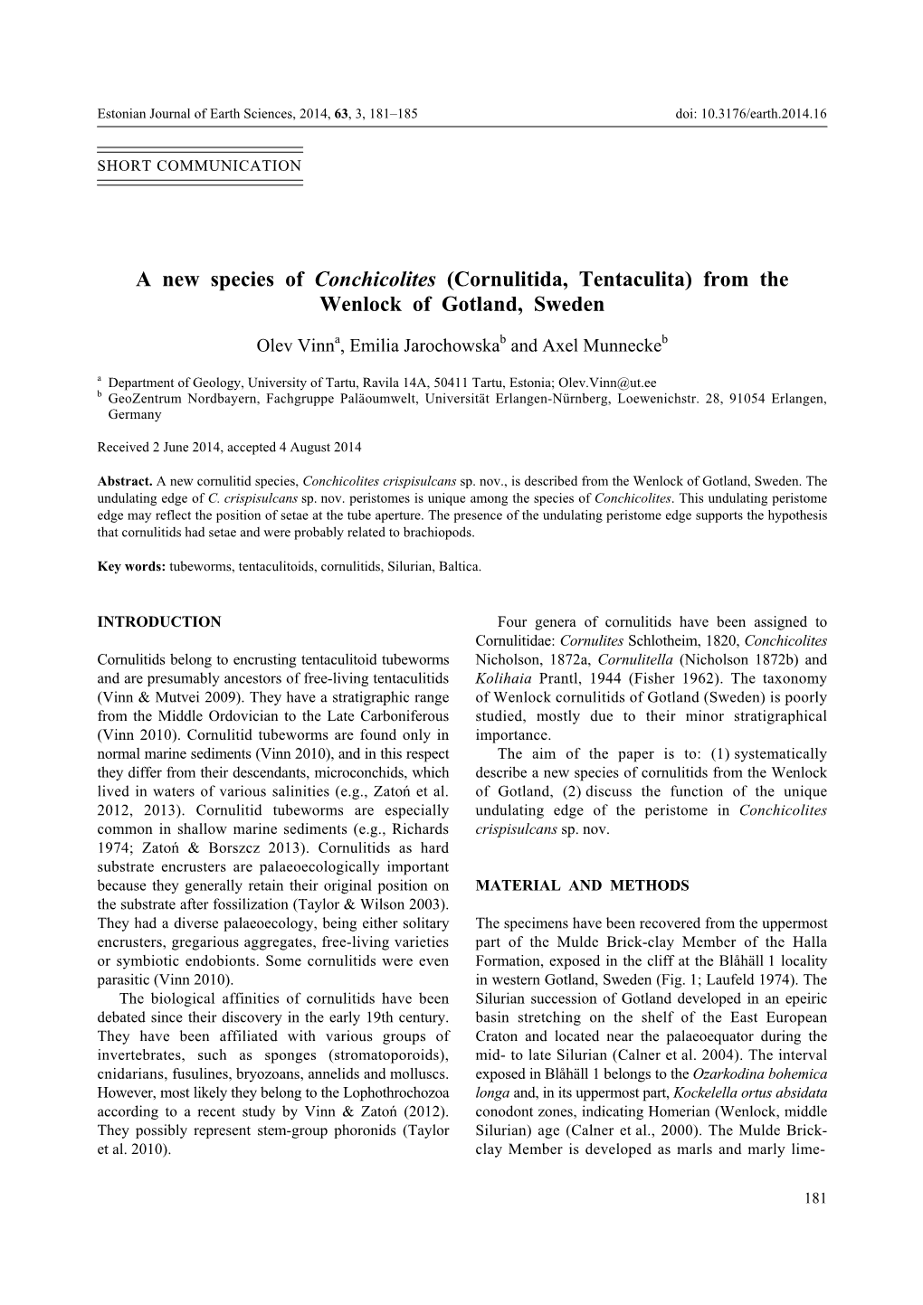 A New Species of Conchicolites (Cornulitida, Tentaculita) from the Wenlock of Gotland, Sweden