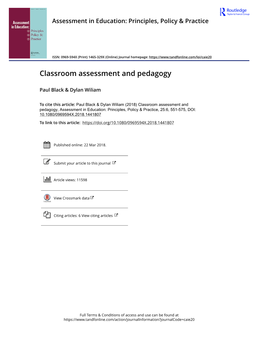 Classroom Assessment and Pedagogy
