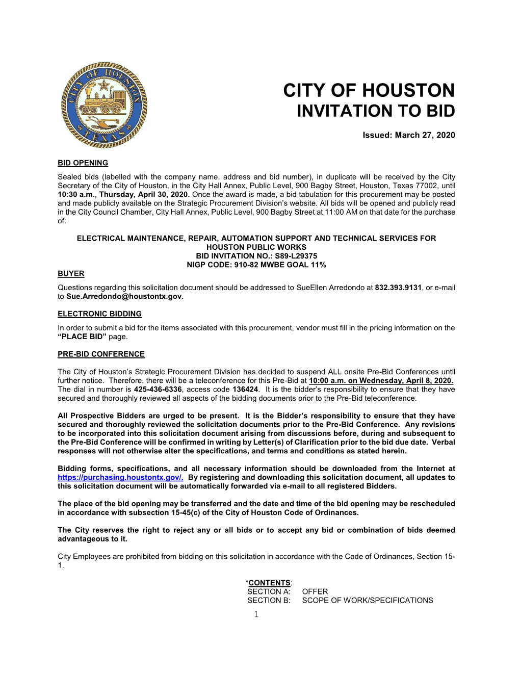 City of Houston Invitation to Bid