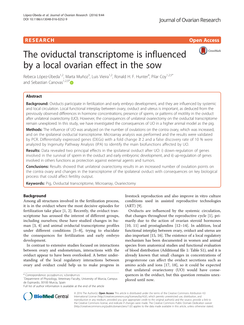 The Oviductal Transcriptome Is Influenced by a Local Ovarian Effect in the Sow Rebeca López-Úbeda1,2, Marta Muñoz3, Luis Vieira1,2, Ronald H