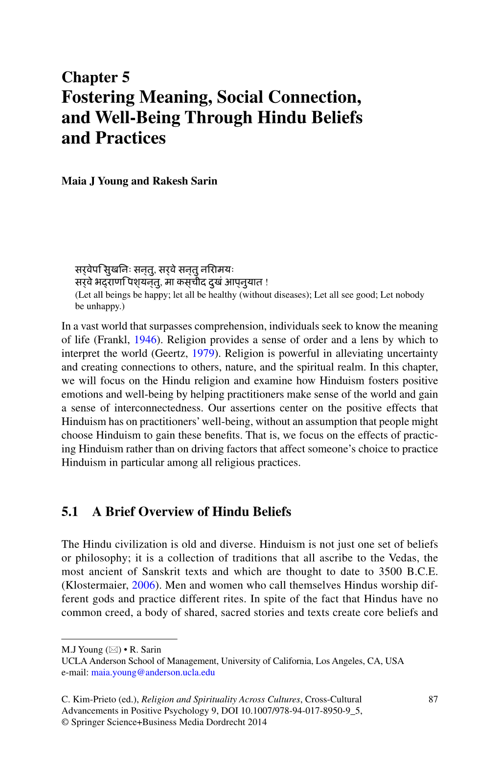 Fostering Meaning, Social Connection, and Well-Being Through Hindu Beliefs and Practices