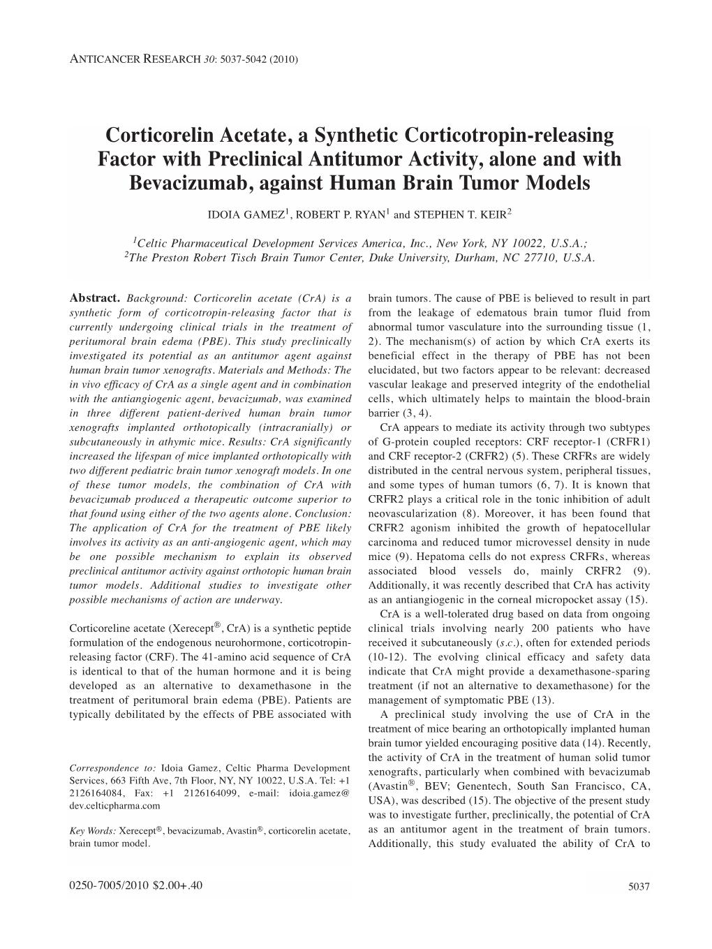 Corticorelin Acetate, a Synthetic Corticotropin-Releasing Factor with Preclinical Antitumor Activity, Alone and with Bevacizumab, Against Human Brain Tumor Models