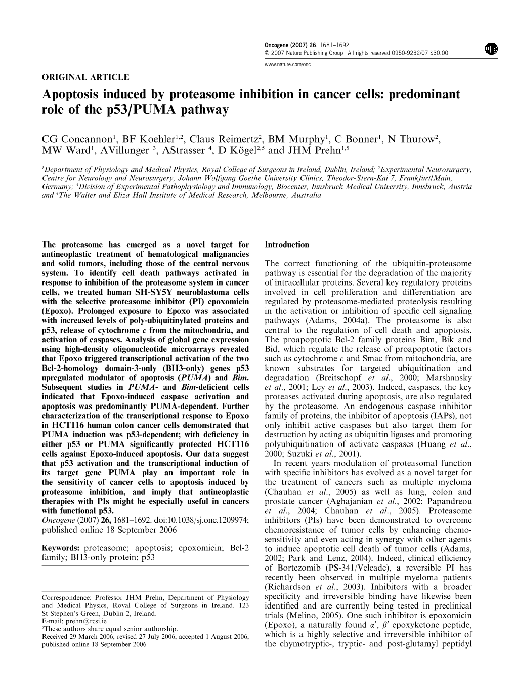 Apoptosis Induced by Proteasome Inhibition in Cancer Cells: Predominant Role of the P53/PUMA Pathway