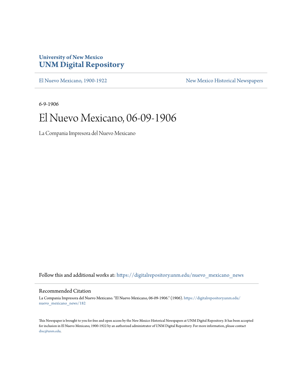 El Nuevo Mexicano, 06-09-1906 La Compania Impresora Del Nuevo Mexicano