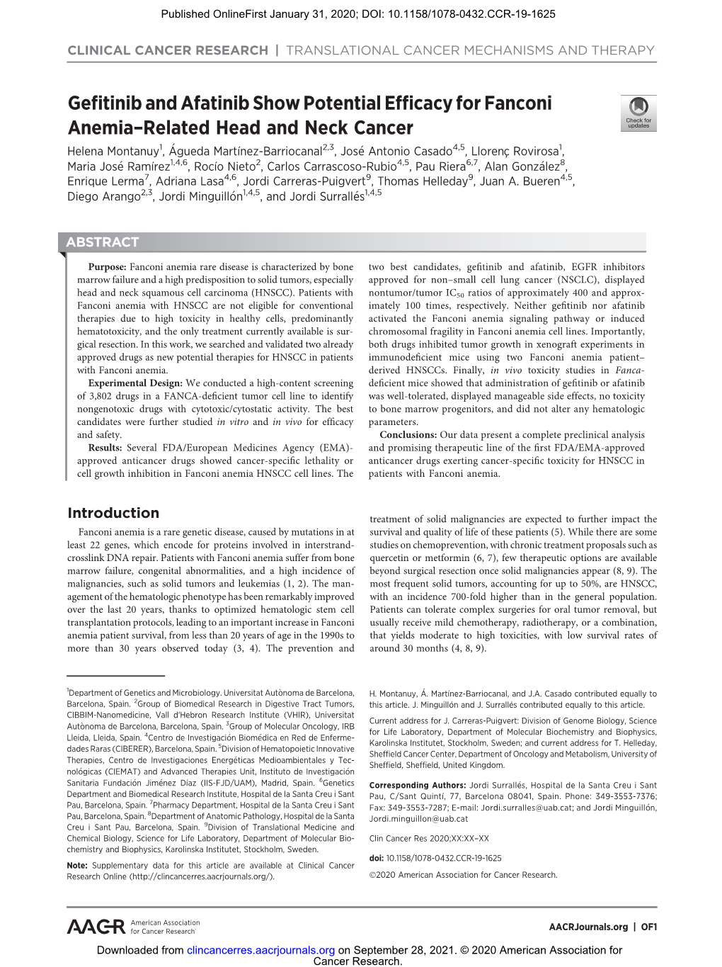 Gefitinib and Afatinib Show Potential Efficacy for Fanconi Anemia−Related Head and Neck Cancer