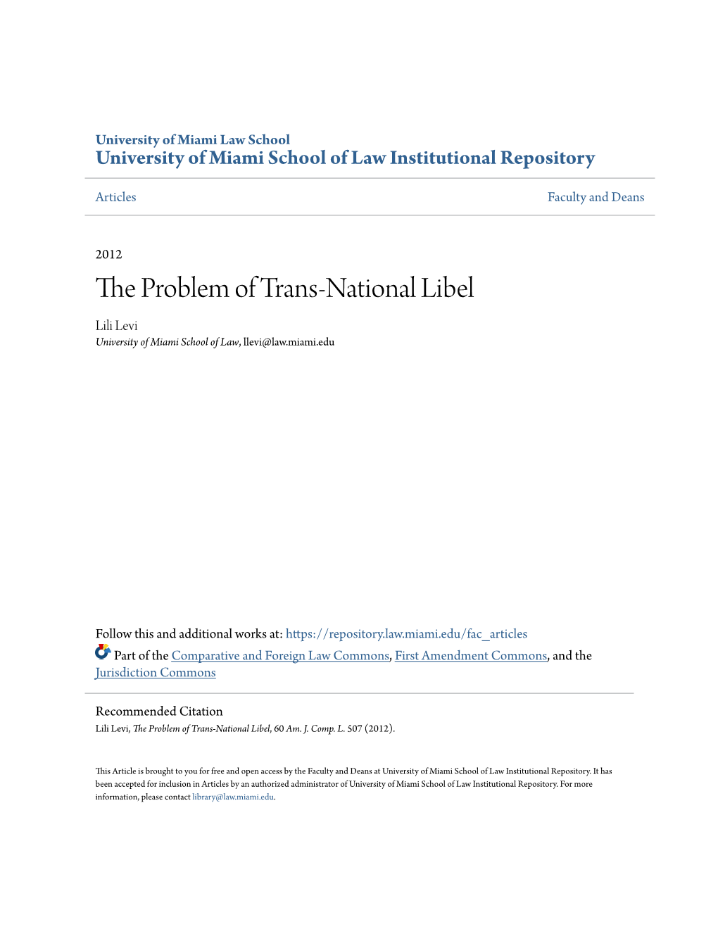 The Problem of Trans-National Libel, 60 Am