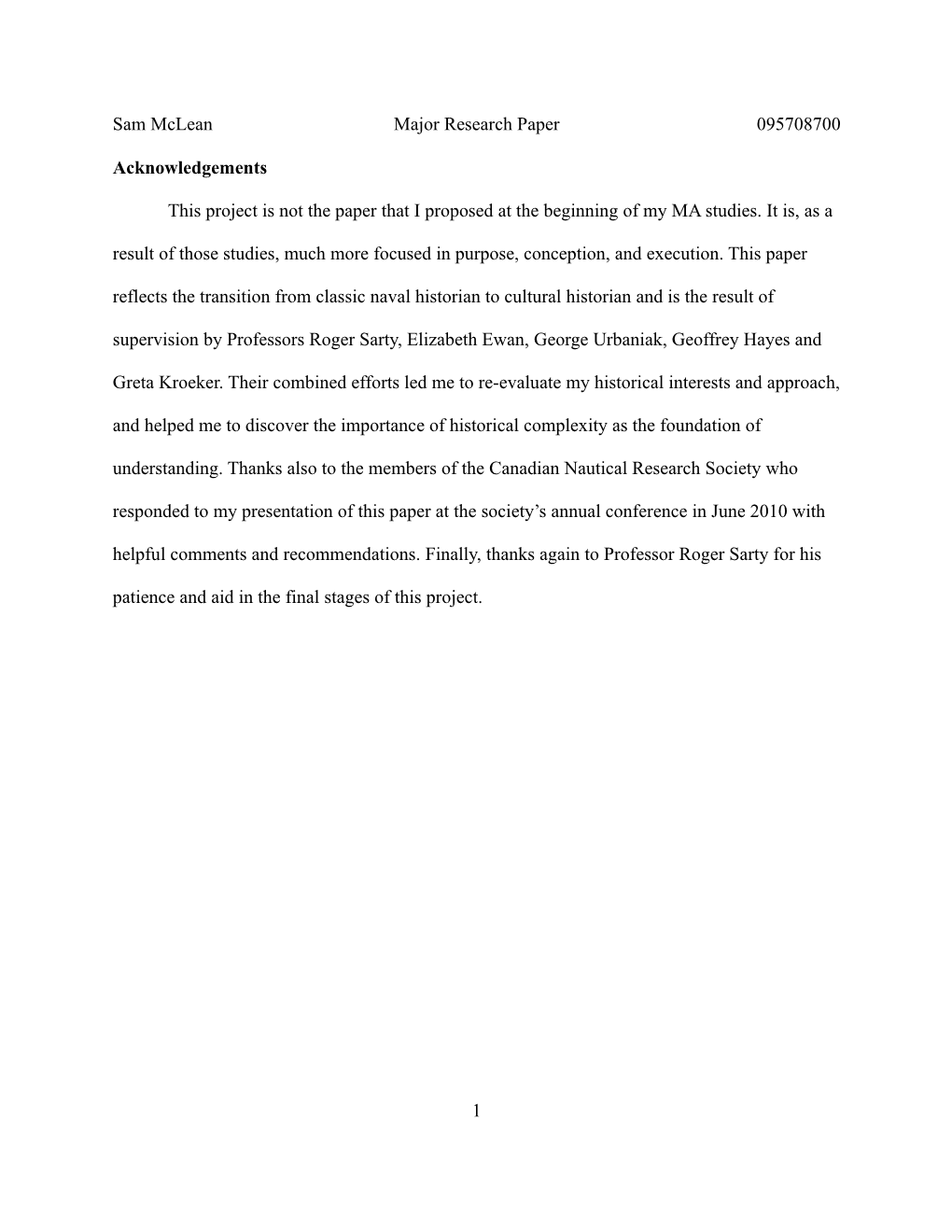 Sam Mclean Major Research Paper 095708700 Acknowledgements