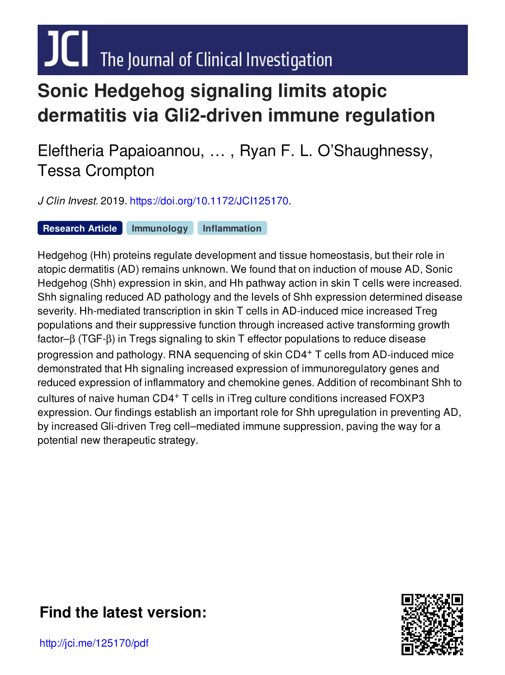 Sonic Hedgehog Signaling Limits Atopic Dermatitis Via Gli2-Driven Immune Regulation