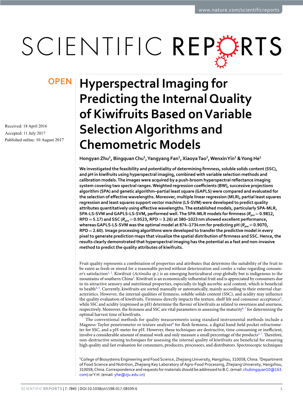 Hyperspectral Imaging for Predicting the Internal Quality of Kiwifruits