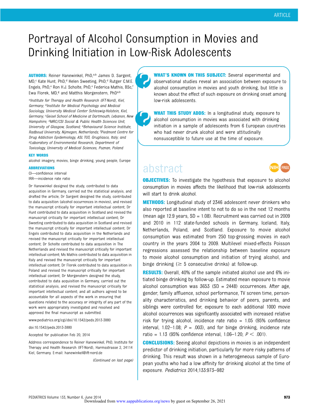 Portrayal of Alcohol Consumption in Movies and Drinking Initiation in Low-Risk Adolescents