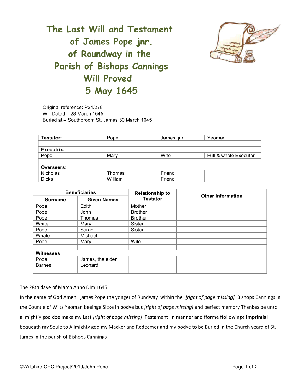 Bishops Cannings Will Proved 5 May 1645