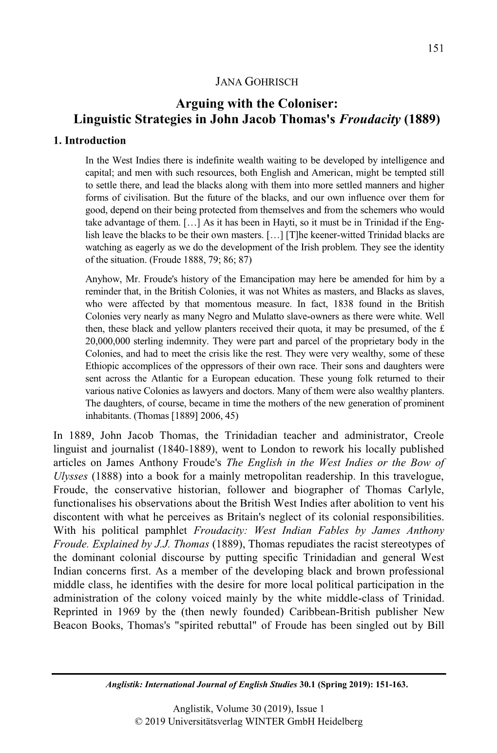 Arguing with the Coloniser: Linguistic Strategies in John Jacob Thomas's Froudacity (1889) 1