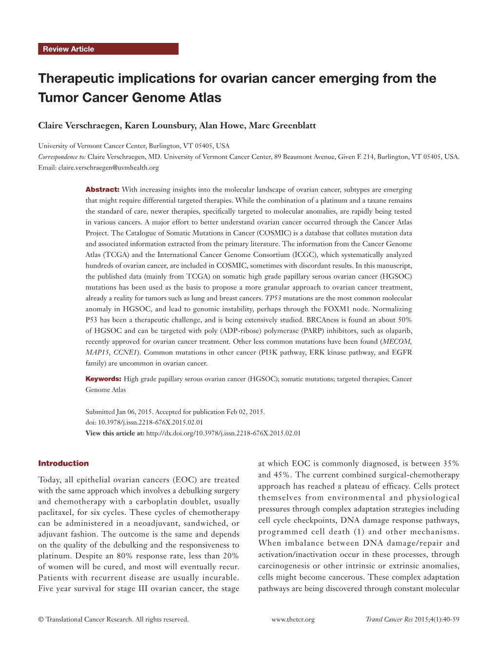 Therapeutic Implications for Ovarian Cancer Emerging from the Tumor Cancer Genome Atlas