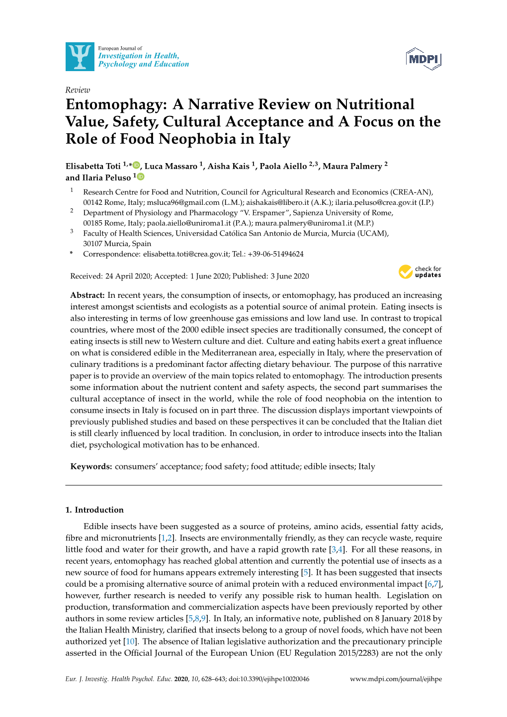 Entomophagy: a Narrative Review on Nutritional Value, Safety, Cultural Acceptance and a Focus on the Role of Food Neophobia in Italy