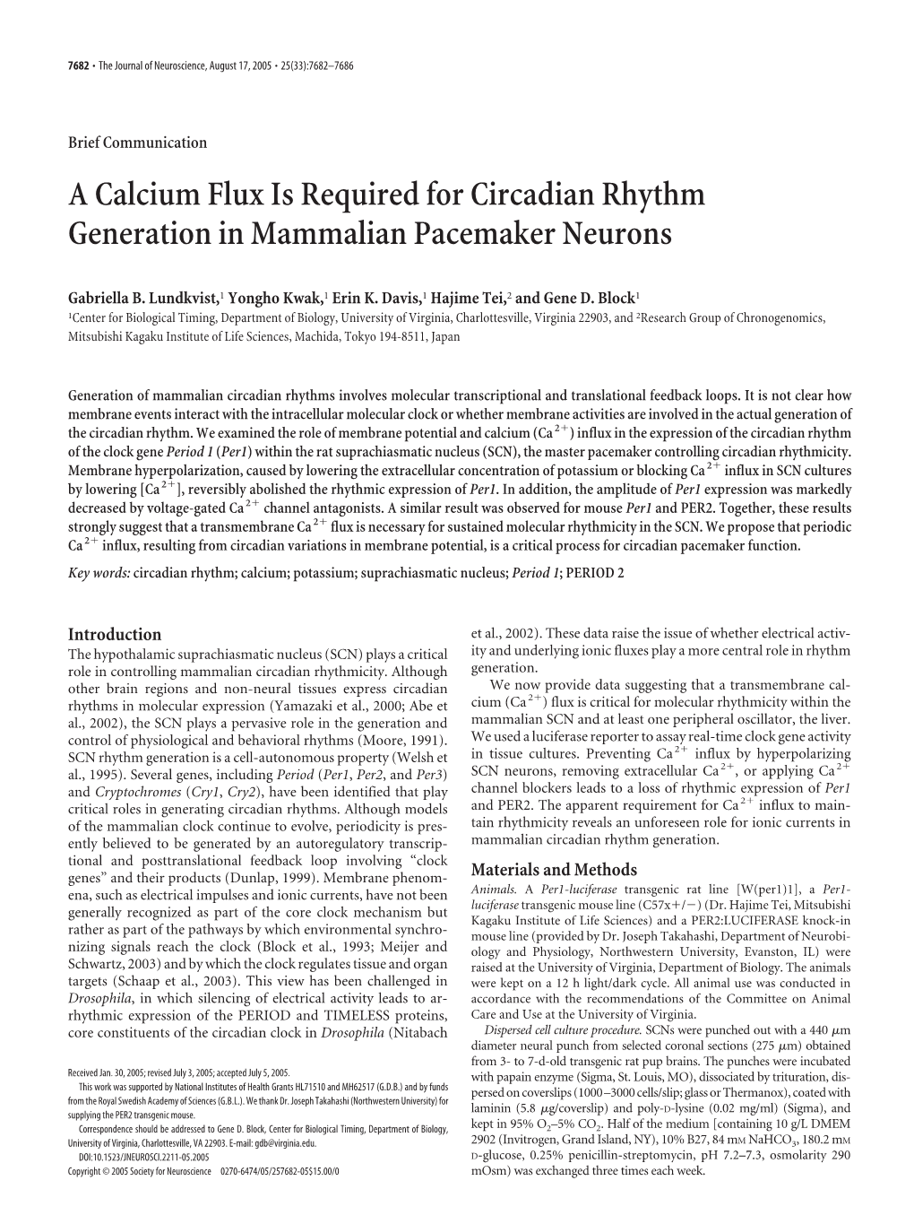 A Calcium Flux Is Required for Circadian Rhythm Generation in Mammalian Pacemaker Neurons