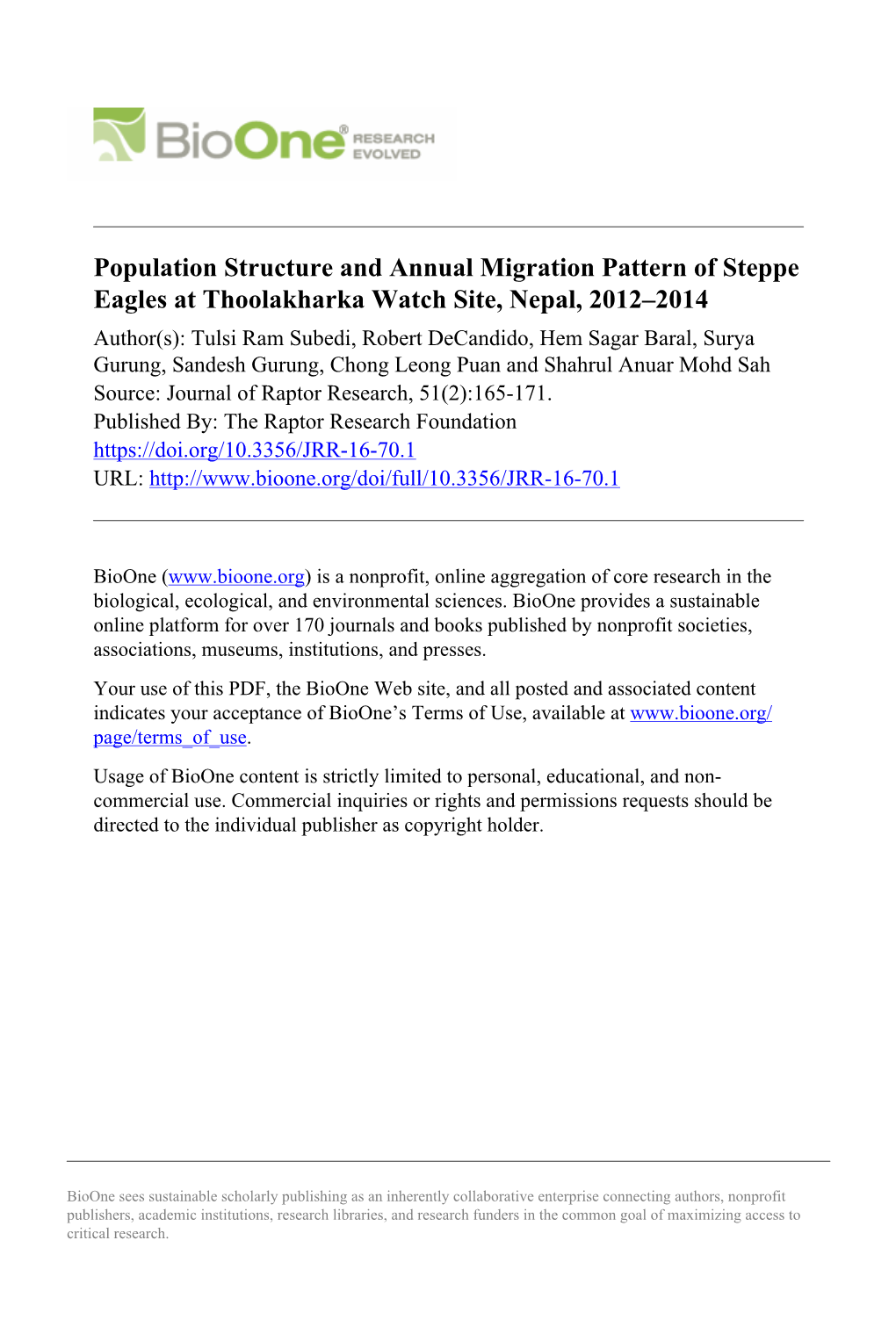 Population Structure and Annual Migration Pattern of Steppe Eagles