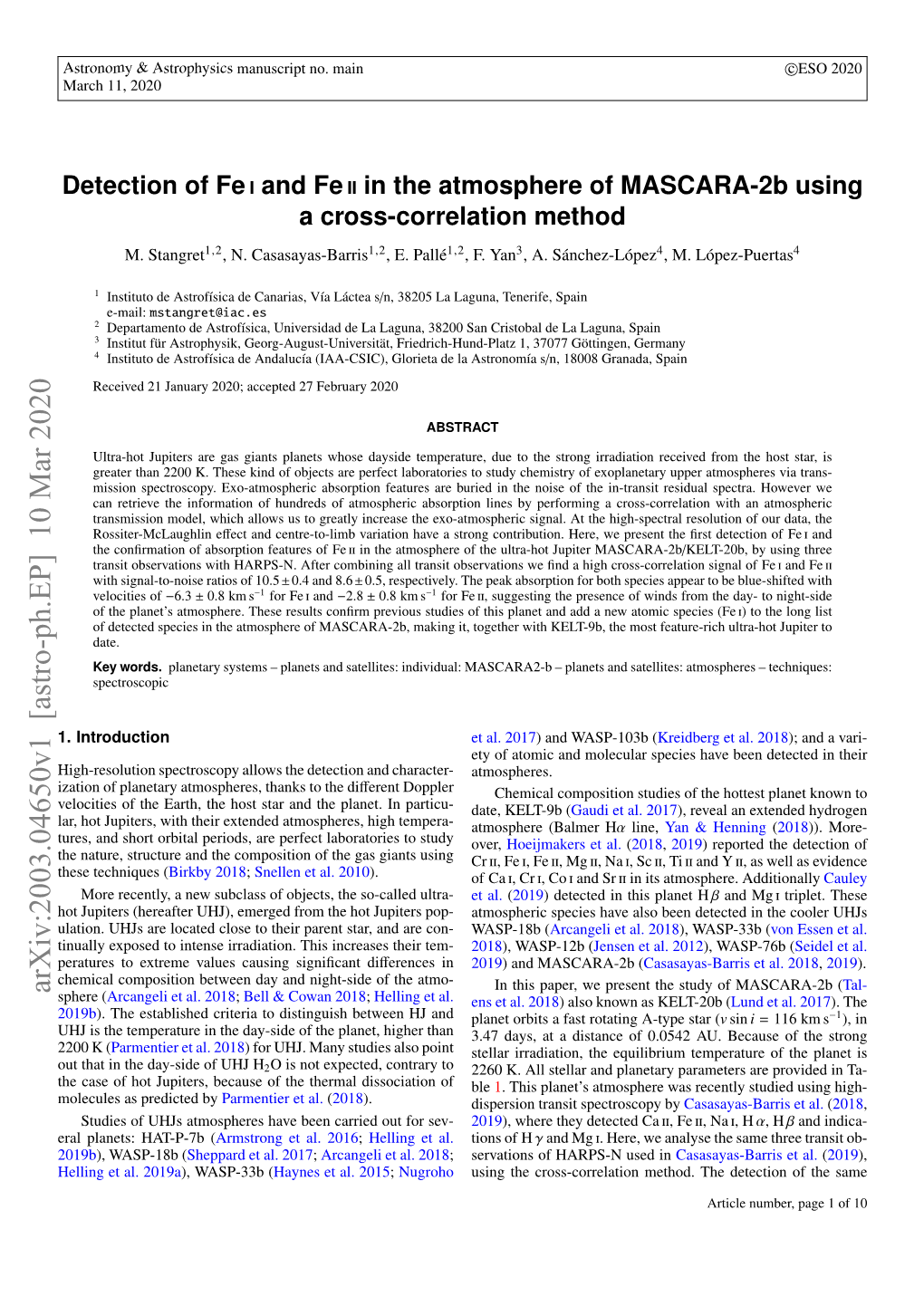 Arxiv:2003.04650V1 [Astro-Ph.EP] 10 Mar 2020 Sphere (Arcangeli Et Al