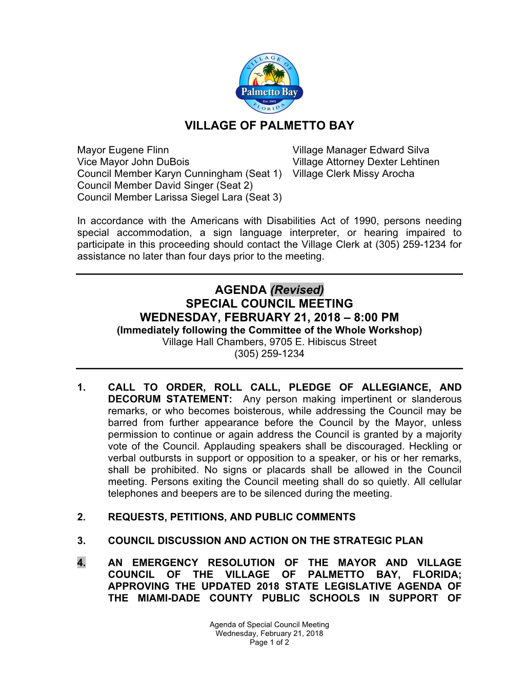 VILLAGE of PALMETTO BAY AGENDA (Revised) SPECIAL