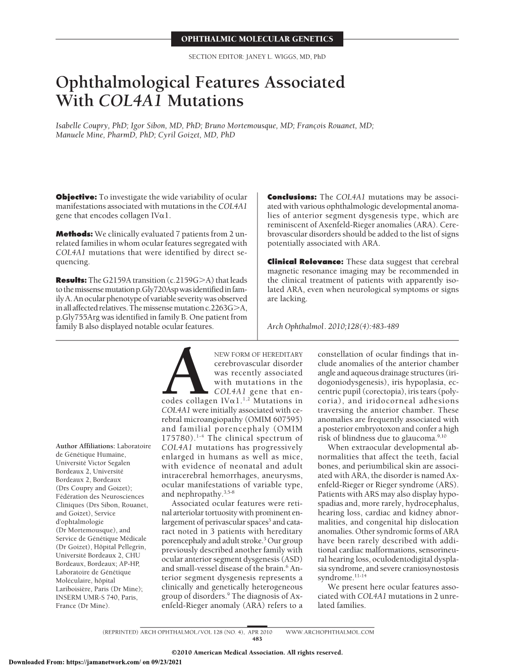 Ophthalmological Features Associated with COL4A1 Mutations