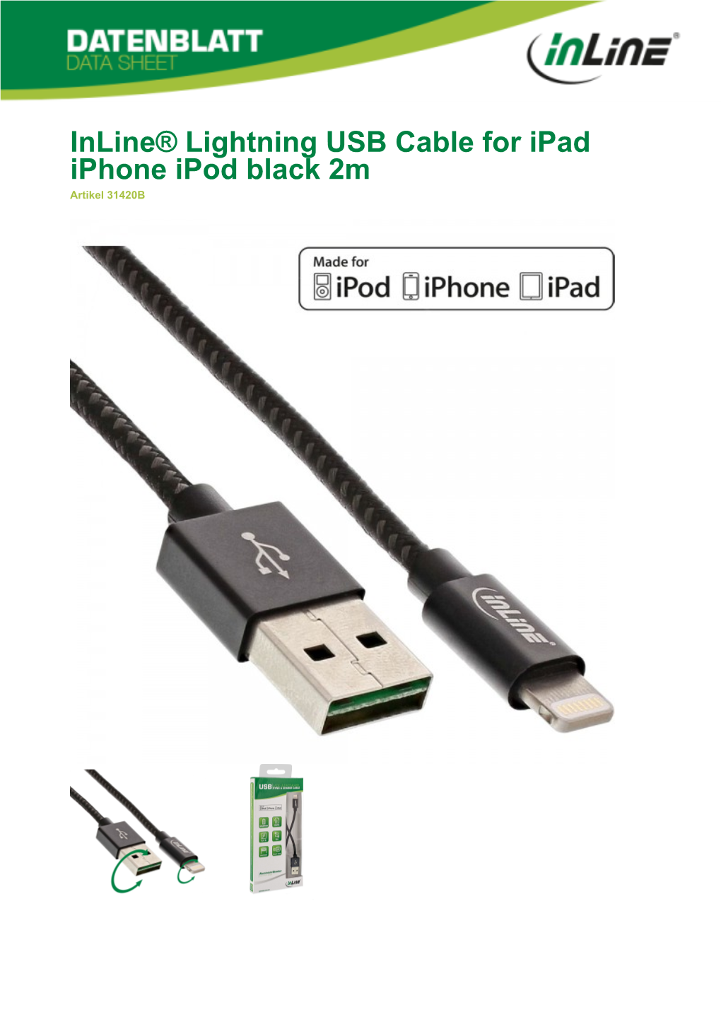 Inline® Lightning USB Cable for Ipad Iphone Ipod Black 2M Artikel 31420B